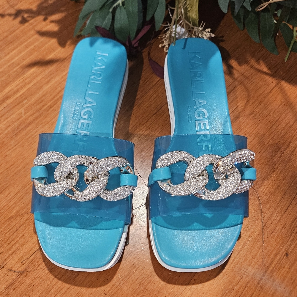 Karl Lagerfeld Jazelle Rhinestone Chain Slides Blue Sz 9.5 - Picture 3 of 11